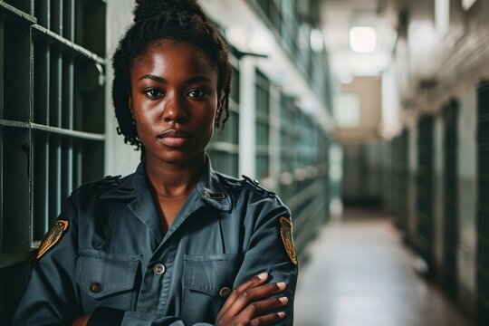 A focused female prison guard in uniform overseeing order and safety within the prison walls