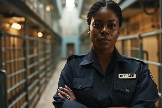 A woman in uniform, a female correctional officer, stands inside a jail cell, embodying strength and commitment to her role.