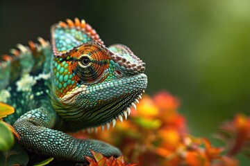A colorful common chameleon perches on a lush branch, blending in with the vibrant flowers and plants as it basks in the warm outdoor sun