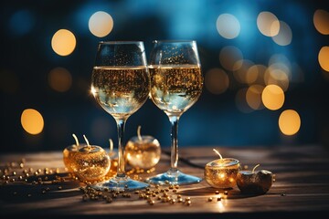 glasses of sparkling white wine with a festive golden bokeh background, suggesting a celebration or festive occasion.