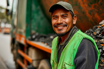 Mexican sanitation worker in green vest smiling in front of a garbage truck