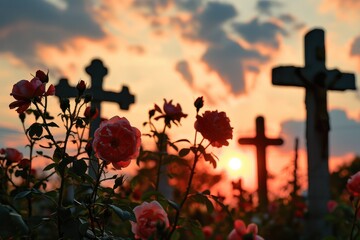 A tranquil sunset casts a warm glow over a solemn cemetery, where crosses adorned with delicate roses stand tall against the backdrop of a beautiful sky