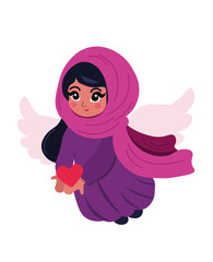 Cartoon illustration an Arab cupid with a headscarf, cute smiling character, cupid gives his love. love and valentine's day symbol. little angel with wings.