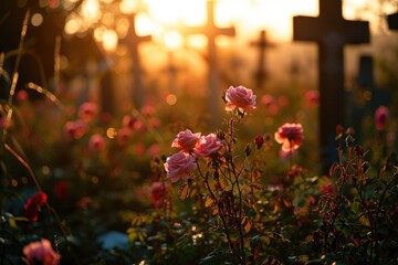 Obraz na płótnie Canvas As the sun rises over the cemetery, a group of vibrant flowers stand tall amidst the graves, their colors illuminated by the cross in the background