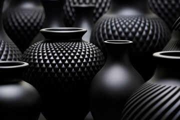 Close up arrangement of modern vases 3d black realistic abstract background