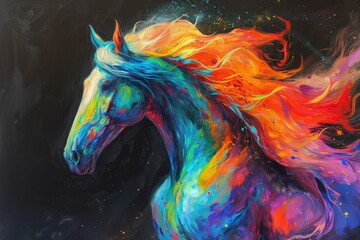 A vibrant equine masterpiece, showcasing a majestic horse adorned with a rainbow of acrylic hues in a modern and expressive painting