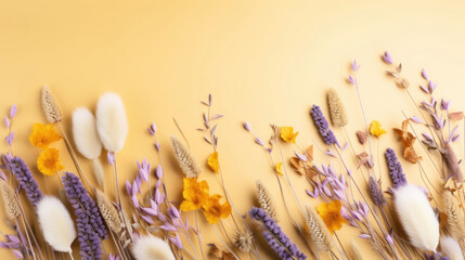 An artistic arrangement of assorted dried flowers and grasses on a warm yellow backdrop, evoking a cozy, autumnal mood.