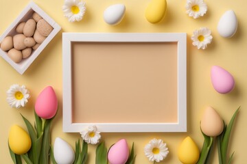Naklejka na ściany i meble Easter concept. Top view photo of photo frame colorful easter eggs ceramic bunnies yellow and pink tulips and wooden egg holder on isolated pastel beige background with empty, Generative AI