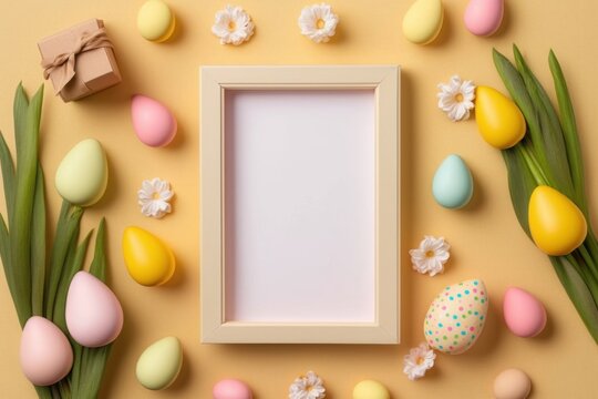 Easter concept. Top view photo of photo frame colorful easter eggs ceramic bunnies yellow and pink tulips and wooden egg holder on isolated pastel beige background with empty, Generative AI