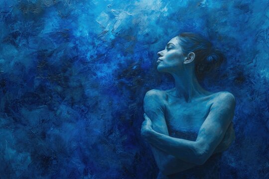 A contemplative woman, with her arms crossed and a determined expression, gazes serenely at the viewer in this striking underwater painting, capturing the fluidity and complexity of the human face an