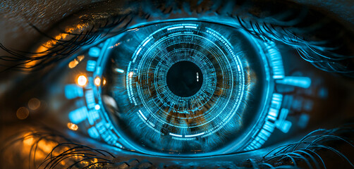 close-up of an eye with intricate blue digital patterns, suggesting advanced biometric technology...