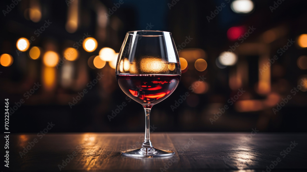 Poster elegant glass of red wine on a wooden table with a soft bokeh light background creating an intimate 