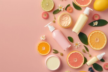 Trendy summer fruit skincare concept. Top view flat lay of mockup cream bottles, jars, serum, pipette with citrus and flower on pastel pink background. Empty space for text, Generative AI