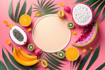 Exotic summer flavors. A mouth-watering flat lay top view of tropical fruits dragon fruit, kiwi, orange, lime, and coconut, on a pink background with palm leaves and an empty circle, Generative AI