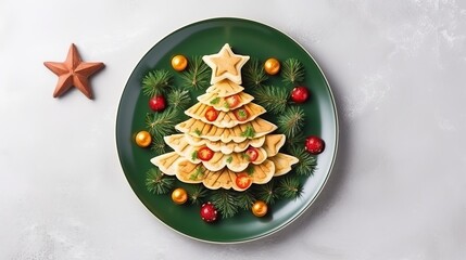 Creative table setting for the holiday, a Christmas tree made of food. Omelet with tomatoes and cheese on a green plate. Fir branches are nearby. White table, top view.