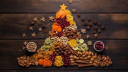 Creative table setting for the holiday, a Christmas tree made of food. Dried fruits and various spices cinnamon and cloves. Wooden table, top view.