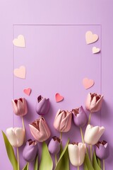 Happy Mother's Day gifting concept. Top vertical view flat lay of beautiful pink paper hearts, and tulip flowers on a soft pastel violet background with empty space for, Generative AI