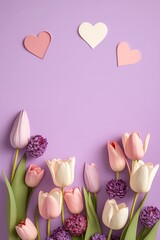 Happy Mother's Day gifting concept. Top vertical view flat lay of beautiful pink paper hearts, and tulip flowers on a soft pastel violet background with empty space for, Generative AI