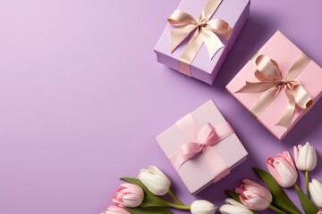 Mother's Day pink present concept. Top view flat lay of pretty pink present boxes with ribbon, tulip flowers on a soft pastel purple background with space for text or, Generative AI
