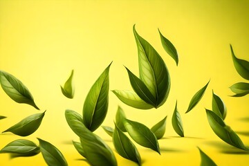 Fototapeta na wymiar flying green tea leaves isolated on yellow background. Food levitation concept, high resolution-