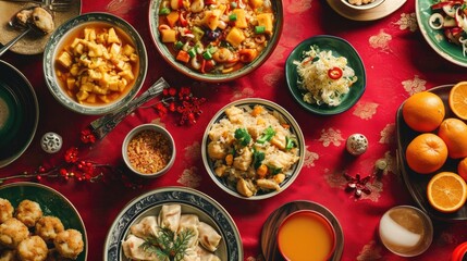 Chinese festive table Asian food flat lay view. Lunar new years. Chinese New Year. Asian festive food