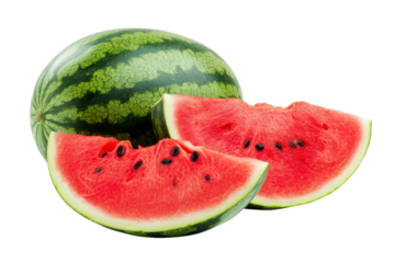 whole watermelon and slices isolated on white or transparent background