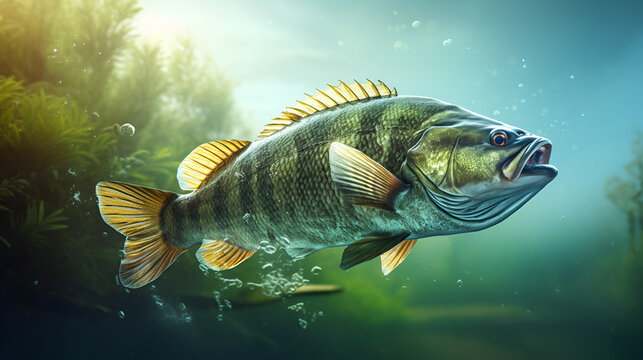 Underwater picture of a fresh water fish bass AI generative