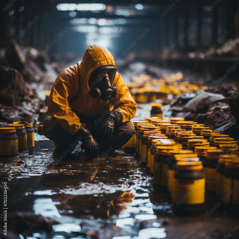 Wall mural A man in a yellow chemical protective suit walks among radioactive waste. Concept: environmental pollution, hazardous chemicals, damage control - Wall murals