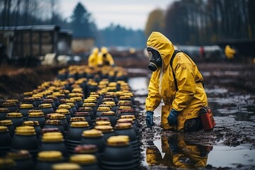 A man in a yellow chemical protective suit walks among radioactive waste. Concept: environmental pollution, hazardous chemicals, damage control - obrazy, fototapety, plakaty