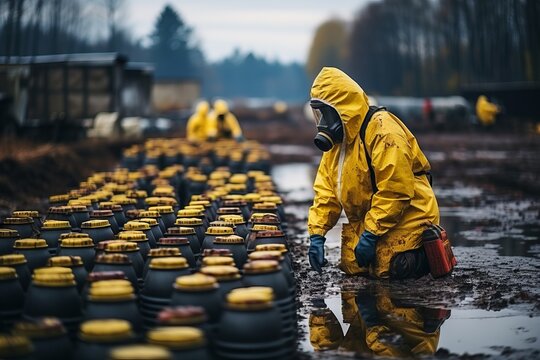 A man in a yellow chemical protective suit walks among radioactive waste. Concept: environmental pollution, hazardous chemicals, damage control
