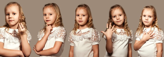 Collage photos of little stylish cover girl 5-6 year old with different emotion at isolated beige background, set for collection. Child in style image on grey. Emotional kids concept. Ad copy space