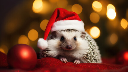 Fototapeta na wymiar Spikey Snuggles: Hedgehog in Santa's Hat