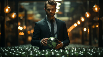 ESG environmental social governance business strategy investing concept. Businessman holding green world ball with Esg icons.Ethical and sustainable investing. Enhance ESG alignment of investments