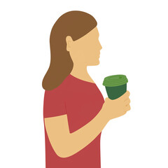 Side view of long hair woman holding a takeaway paper coffee cup. waist up confident happy taking a break. tea