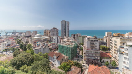 Fototapeta premium Panorama showing aerial view of city centre and the harbour of Durres timelapse from viewpoint, Albania.