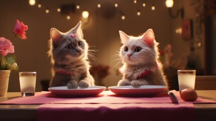 Two cats sitting at a table with plates of food
