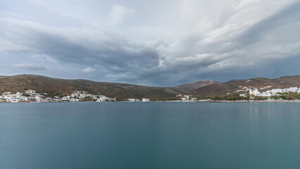 Panorama of Amorgos island evening timelapse. Greece