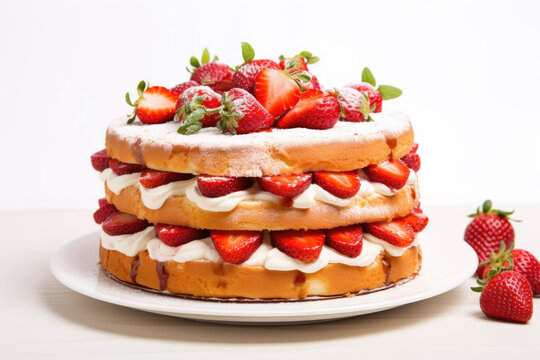 Classical English Victoria sponge cake. Layered cake with buttercream frosting, jam and strawberries on white background