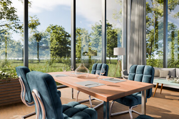 large modern contemporary loft with couch and dining table and indoor plants vertical garden; panoramic view rural landscape; sustainability work environment; 3D rendering