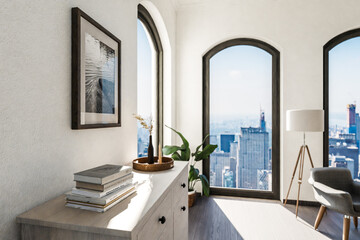 luxurious loft apartment with floor-to-ceiling windows and panoramic view; modern minimalistic interior design of living room and dining room area; bright daylight; 3D rendering