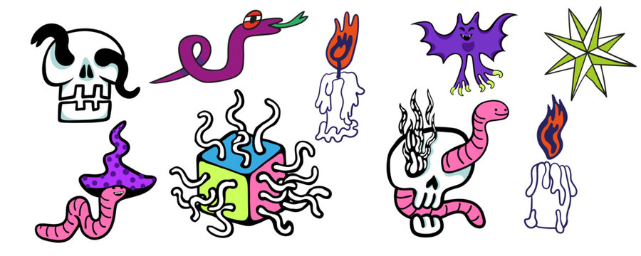 set of doodle elements in vector.halloween objects.image for stickers, print, app, design, web site, label, poster, postcard . Series of teenage icons