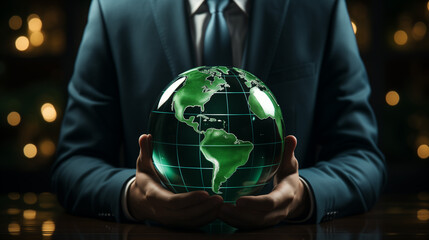 ESG environmental social governance business strategy investing concept.Businessman Embracing Green Globe with ESG icon.Green Energy Renewable and Sustainable Resources.