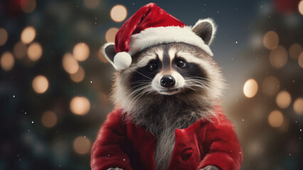 Fototapeta na wymiar Furry Mischief: Glittery Raccoon Claus