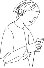 girl in headphones listens to music from her phone