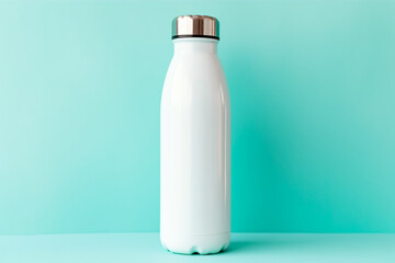 Close-up of female hand, holding white reusable steel stainless eco thermo water bottle with mockup, isolated on background of cyan, aqua menthe color. Be plastic free. Zero waste