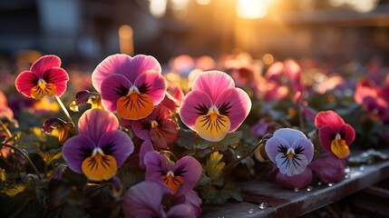 Sun-kissed pansies display their vivid purple and yellow hues, a testament to spring's vibrant bloom. - obrazy, fototapety, plakaty