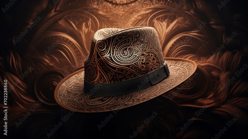 Poster a stylish fedora, adorned with intricate patterns and textures, gracefully resting on a sleek and mo