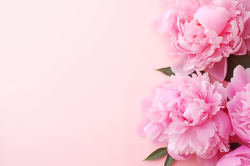 Fototapeta na wymiar Spring flowers on a soft pink background in the foreground on the right; gorgeous pink peonies. Spring card. Background for summer and spring. Generative AI