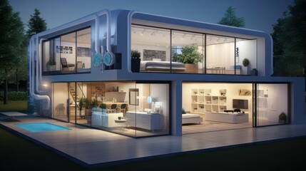 Modern futuristic minimalist house design 3D rendering with interior view