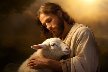 Obraz premium A tranquil hilltop scene with the Lamb of God beside a caring shepherd at dawn, symbolizing spiritual guidance, serenity, and divine protection.